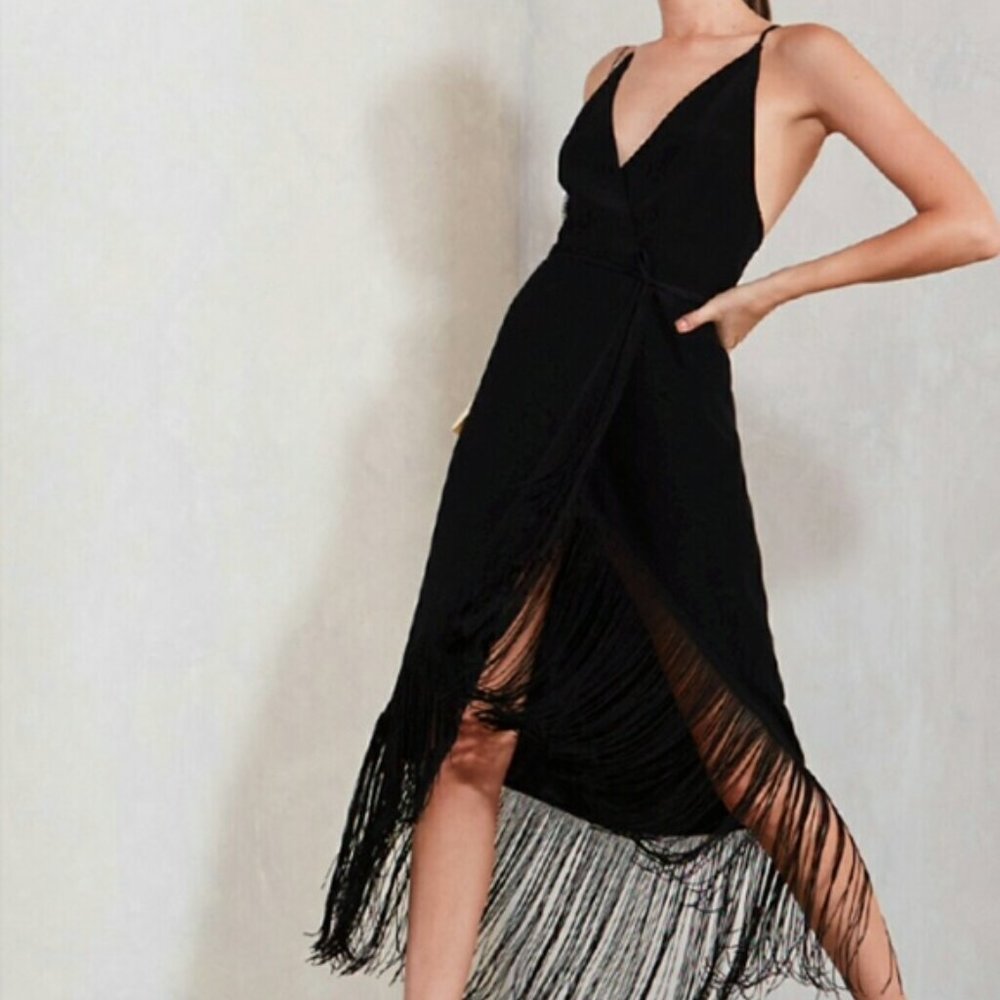 REFORMATION Plunge Neckline Fringe Midi Dress XS
